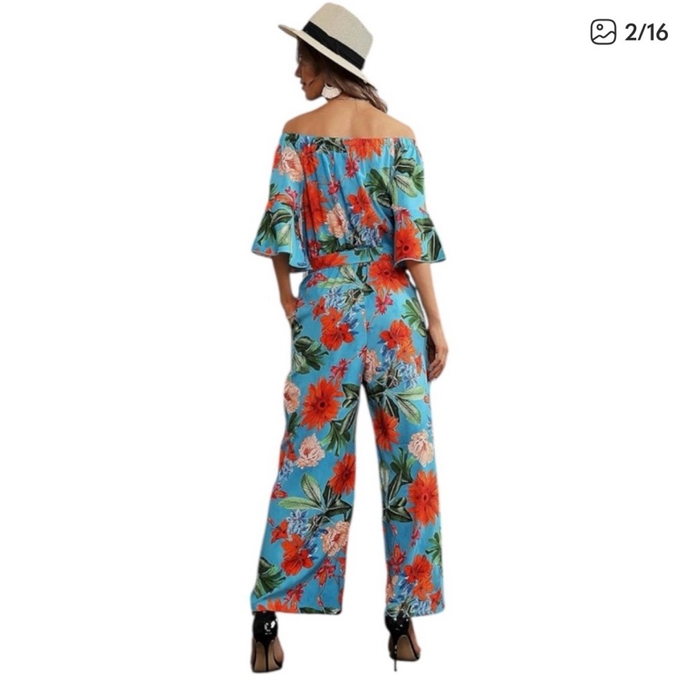 Tropical Blue Jumpsuit On or Off Shoulder Hawaiian Floral Outfit Size M - Picture 2 of 9